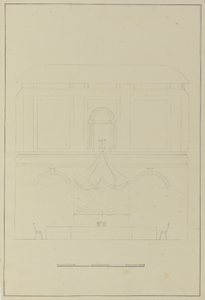 32554 Afbeelding van een van de korte wanden van de hal van het stadhuis met een ontwerp voor de aankleding voor het ...